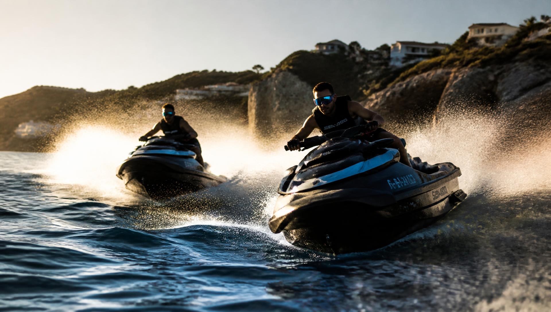 Riders carving through turquoise water on jet skis